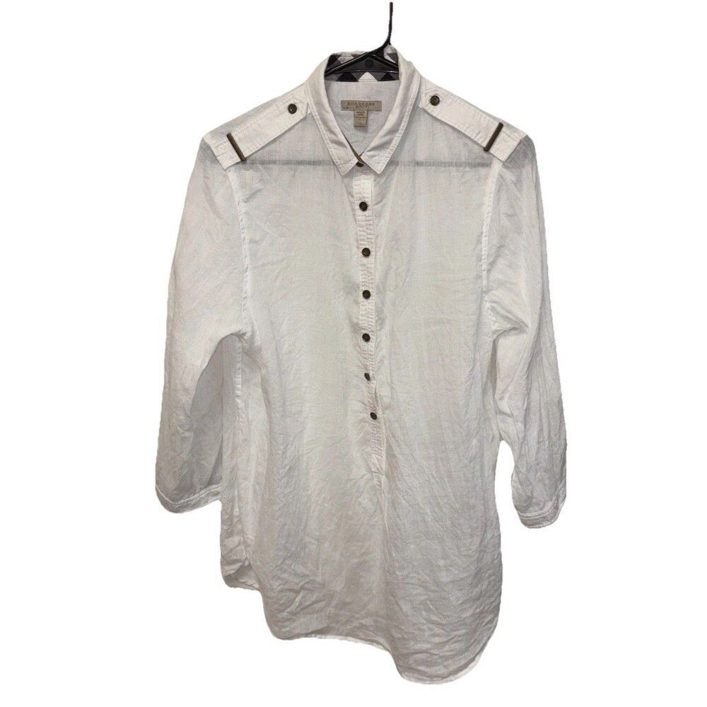 Burberry Brit White NovaCheck Tunic Top 3/4 Roll Tab Sleeve Ramie Blouse XL